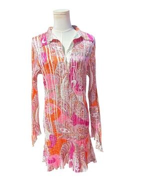 Women’s KOMAROV long sleeve v neck crinkle mini retro paisley dress Small